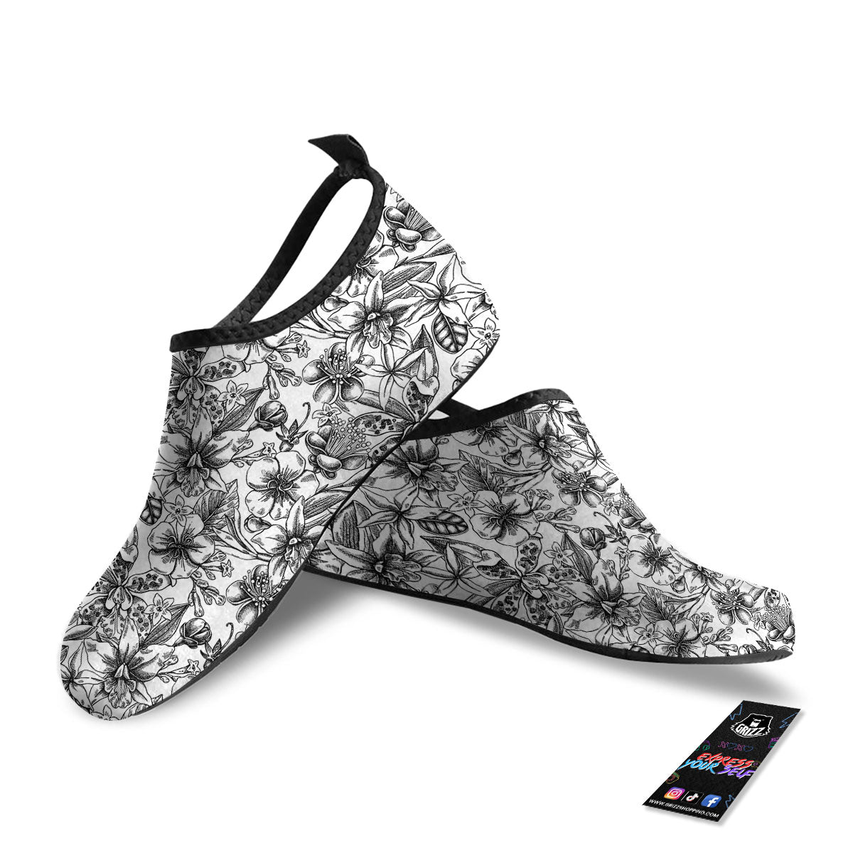Cattleya White And Black Print Pattern Water Shoes-grizzshop