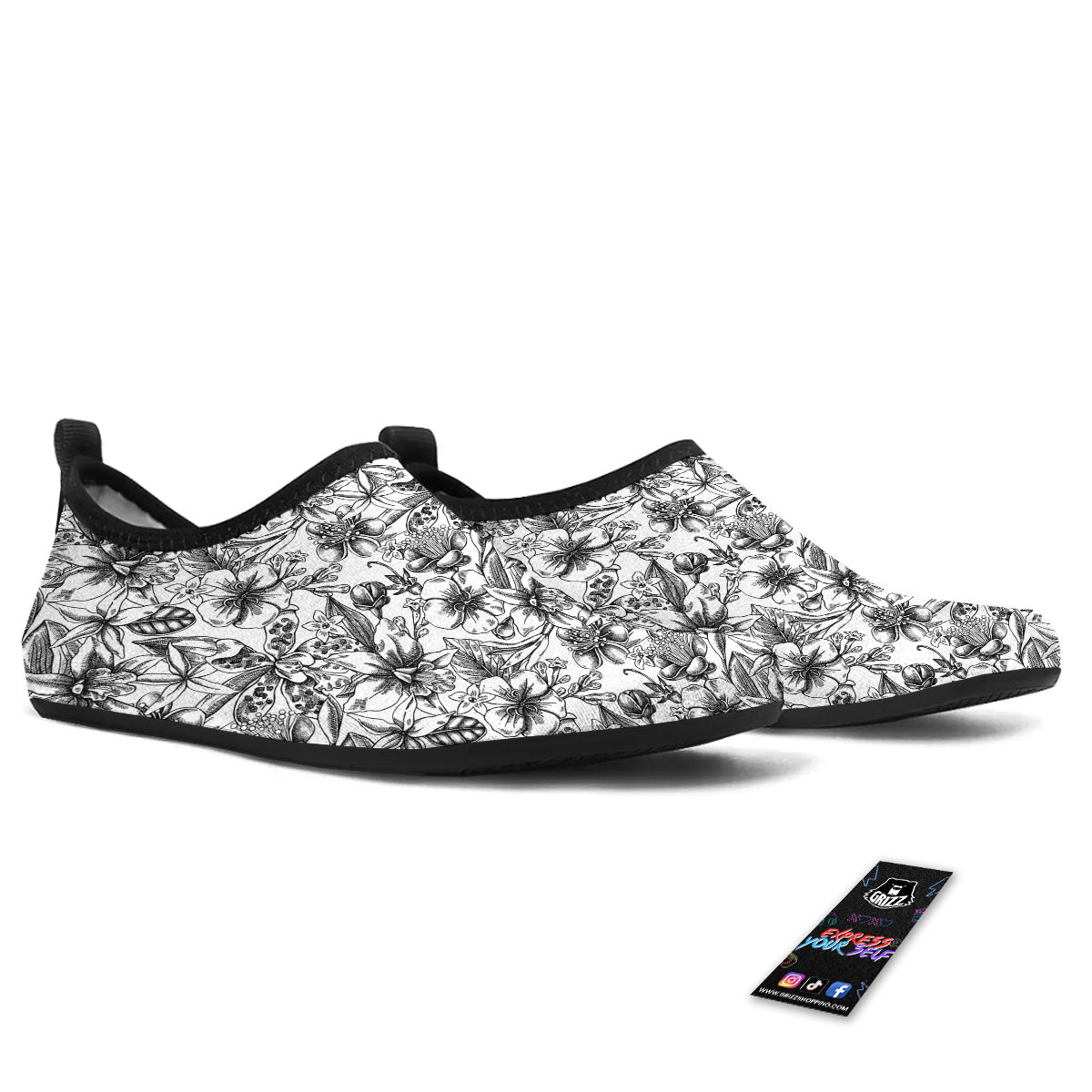 Cattleya White And Black Print Pattern Water Shoes-grizzshop