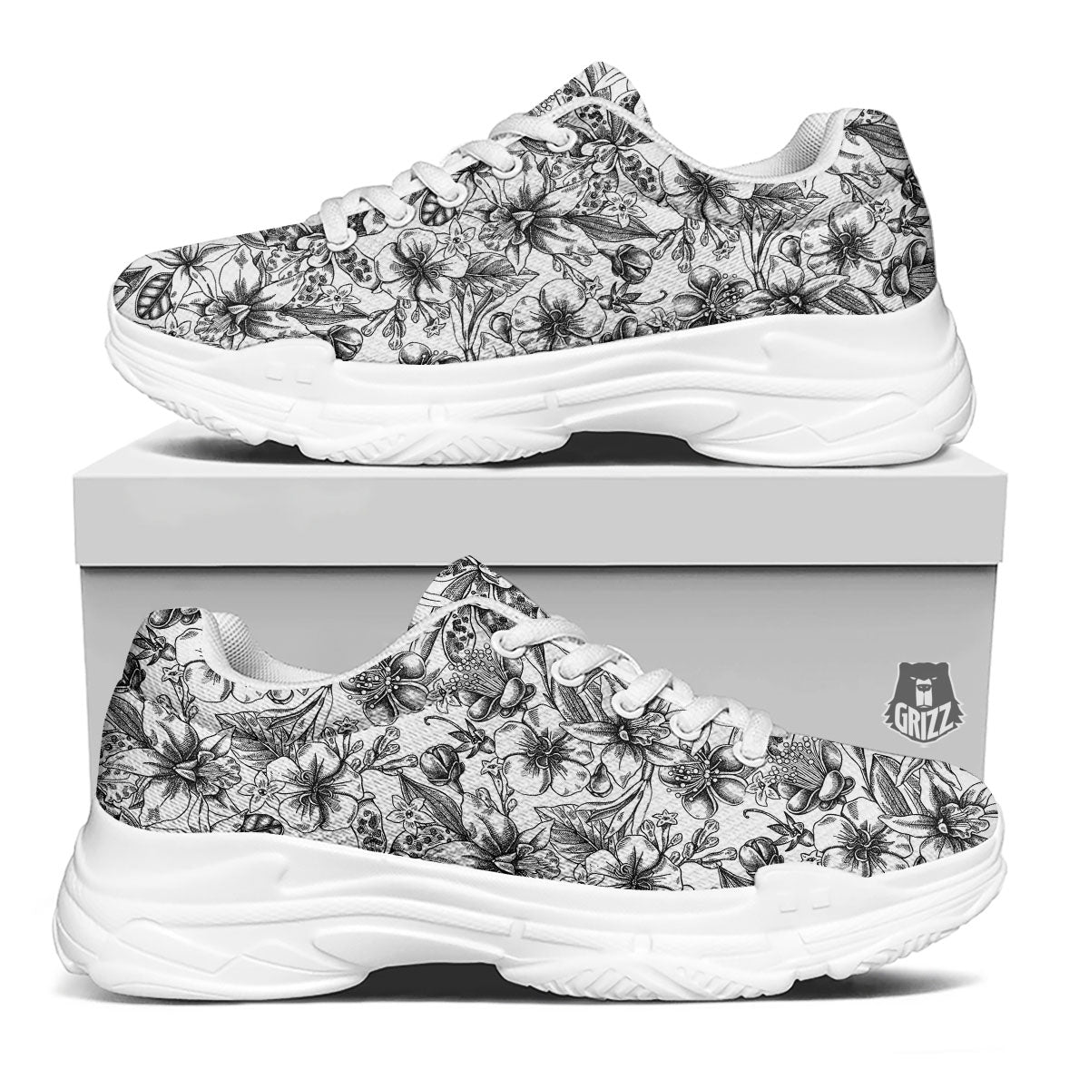Cattleya White And Black Print Pattern White Chunky Shoes-grizzshop