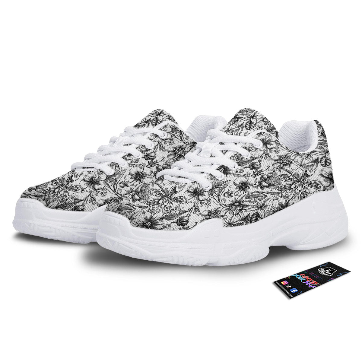 Cattleya White And Black Print Pattern White Chunky Shoes-grizzshop