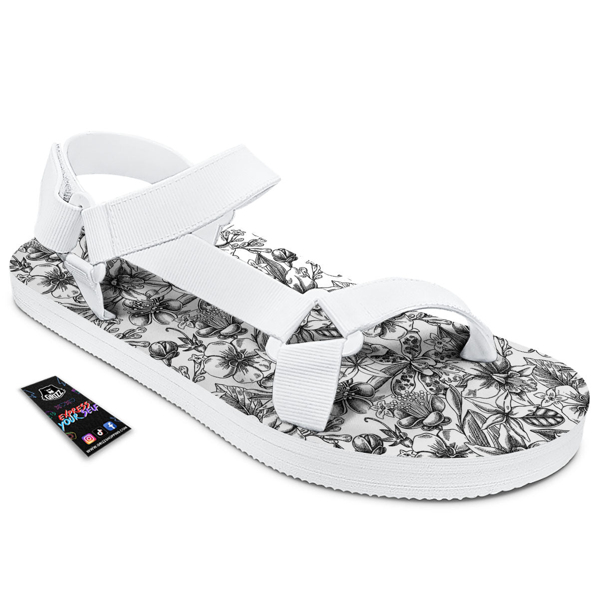 Cattleya White And Black Print Pattern White Open Toe Sandals-grizzshop