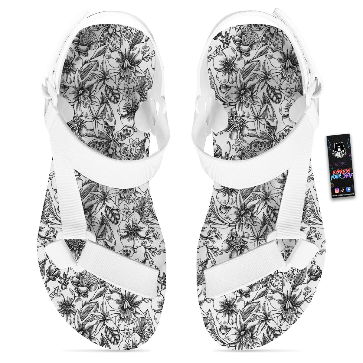 Cattleya White And Black Print Pattern White Open Toe Sandals-grizzshop
