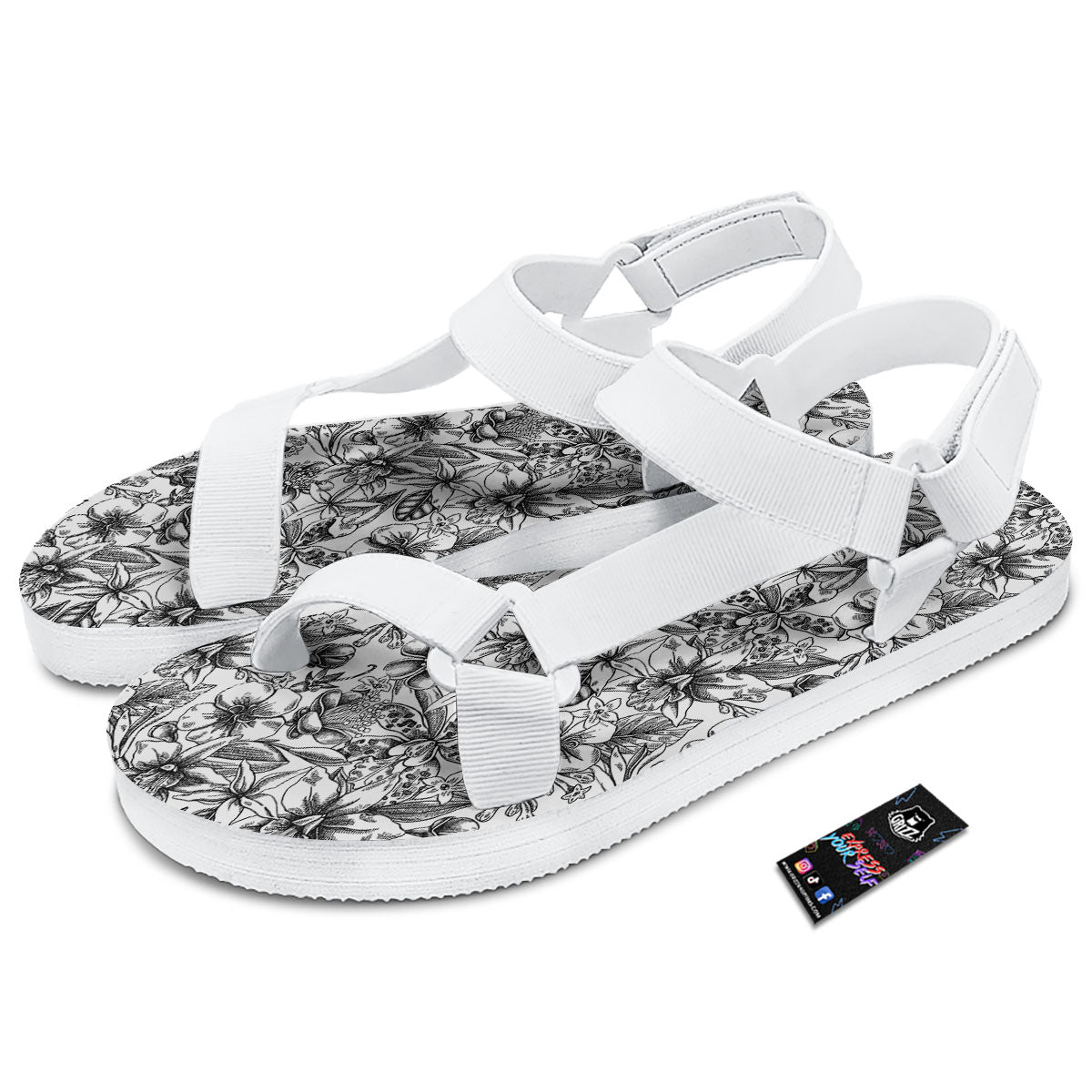 Cattleya White And Black Print Pattern White Open Toe Sandals-grizzshop