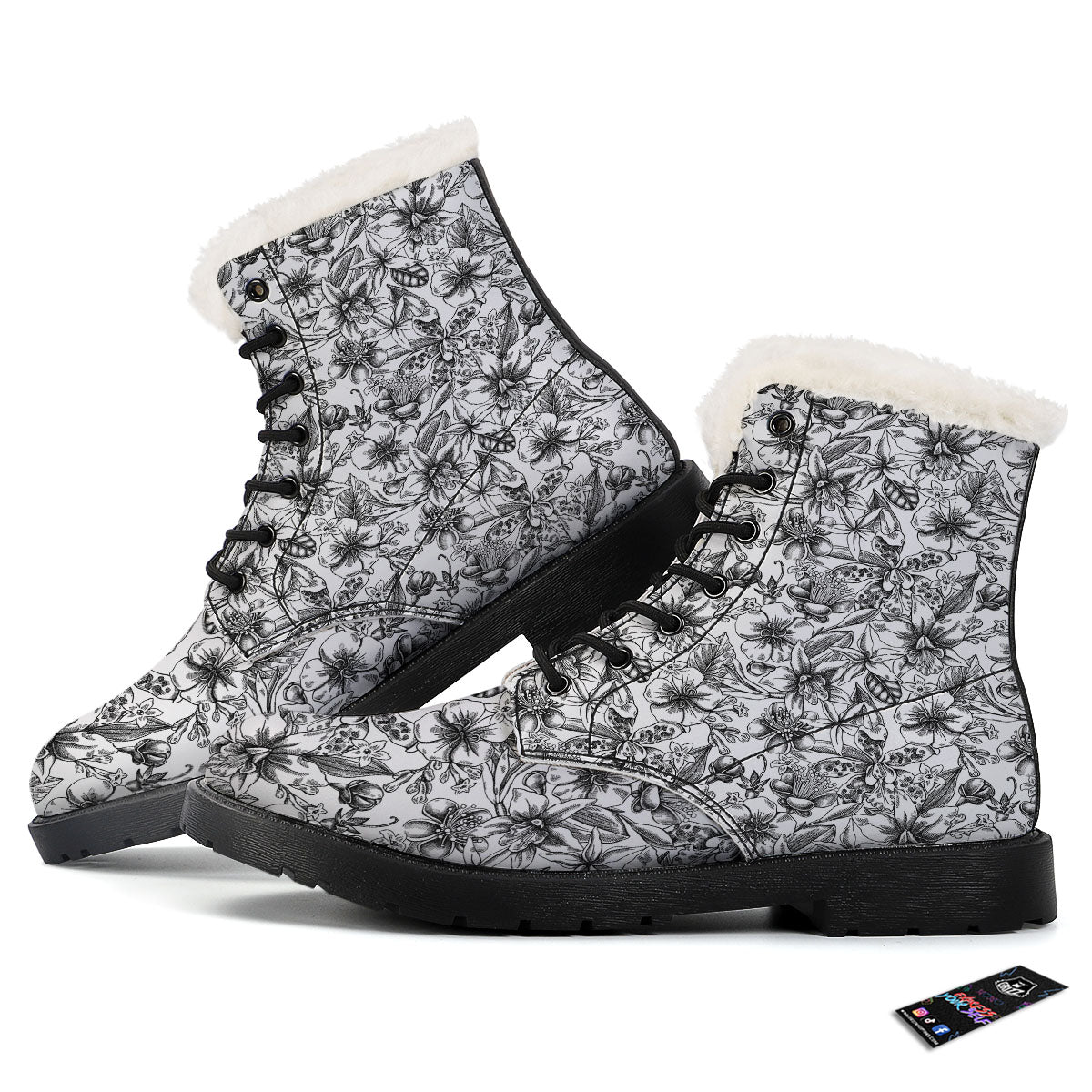 Cattleya White And Black Print Pattern Winter Boots-grizzshop