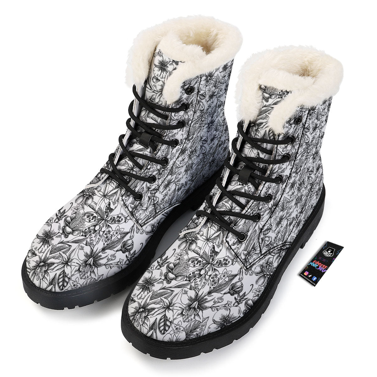 Cattleya White And Black Print Pattern Winter Boots-grizzshop
