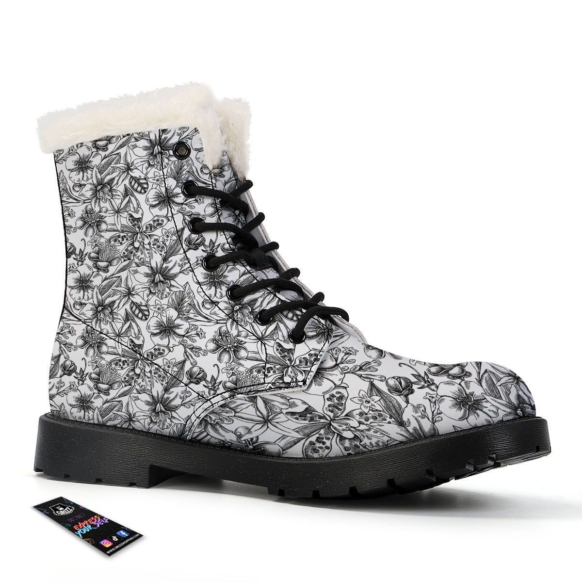 Cattleya White And Black Print Pattern Winter Boots-grizzshop