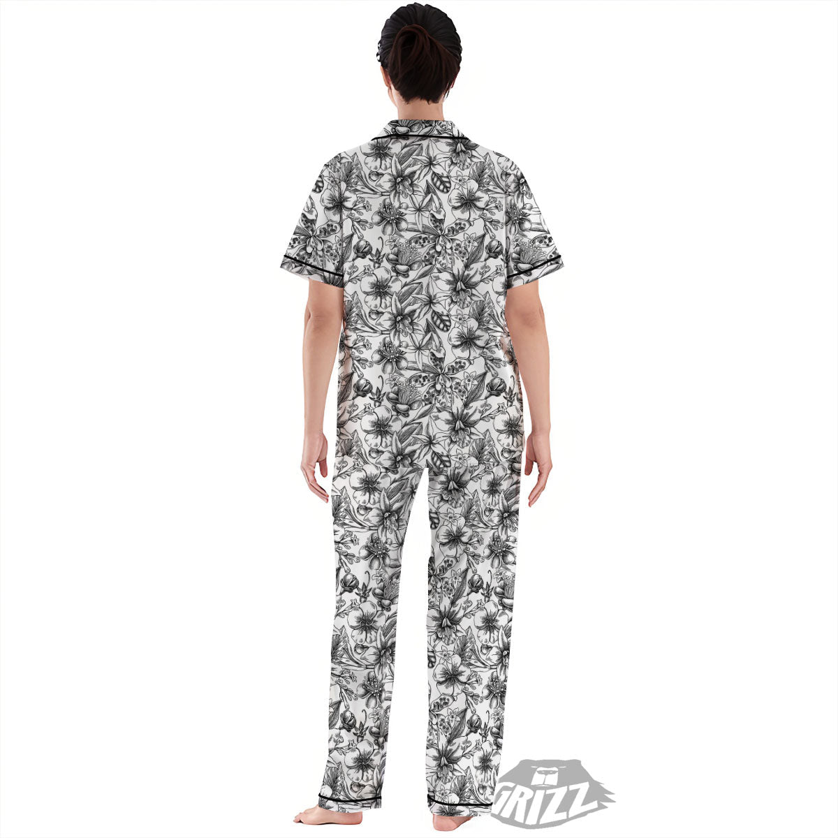 Cattleya White And Black Print Pattern Women's Pajamas Set-grizzshop