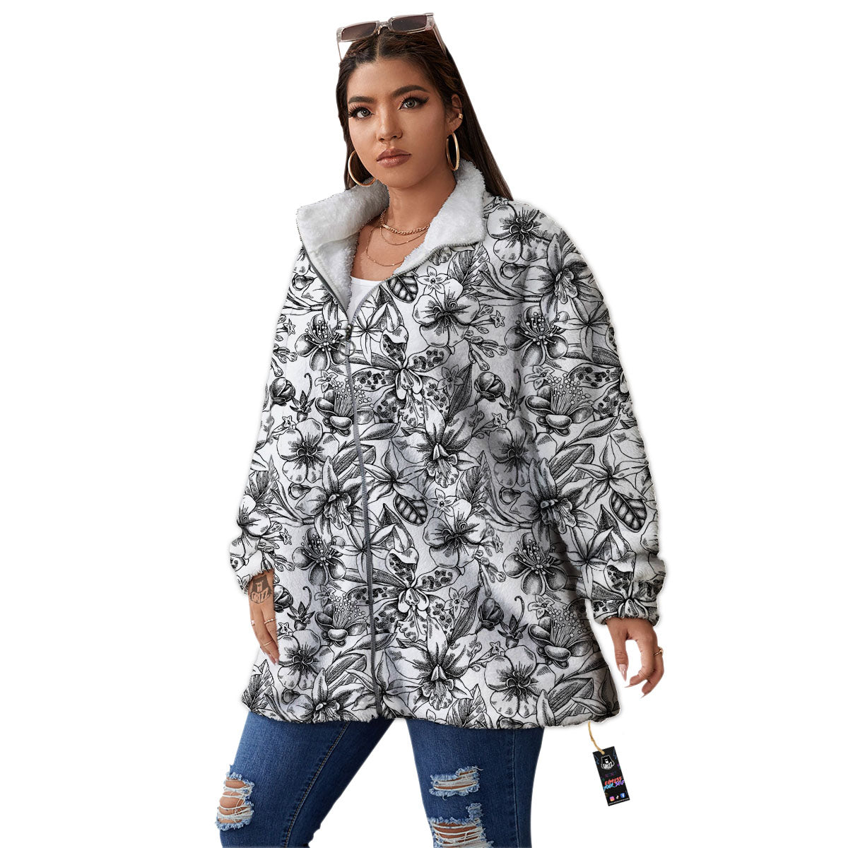 Cattleya White And Black Print Pattern Women's Sherpa Jacket-grizzshop