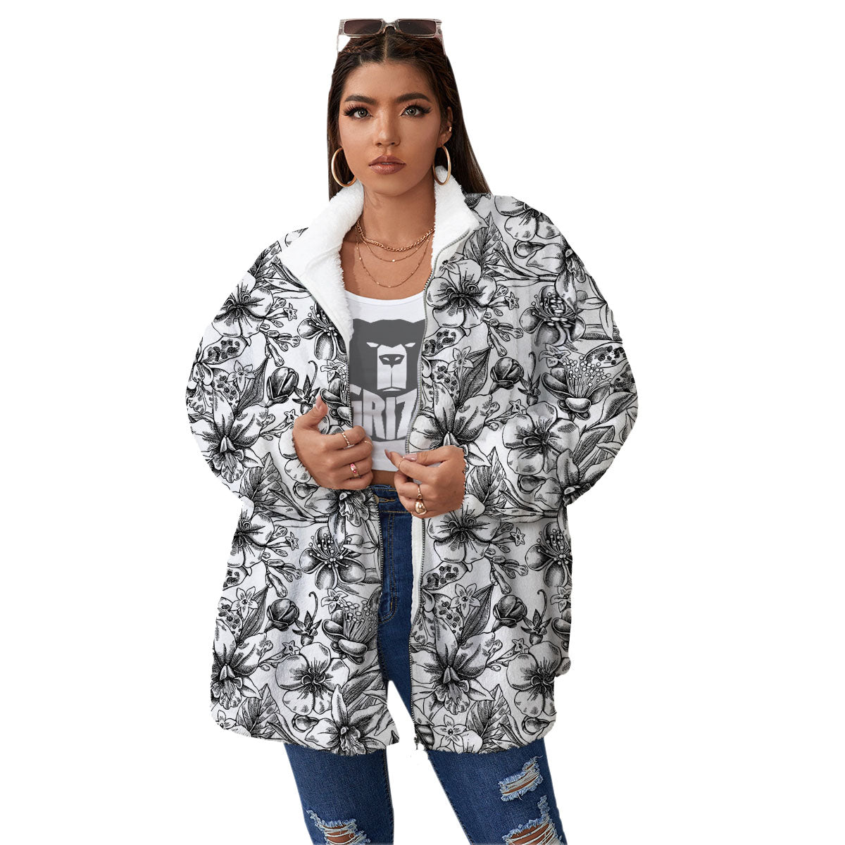 Cattleya White And Black Print Pattern Women's Sherpa Jacket-grizzshop