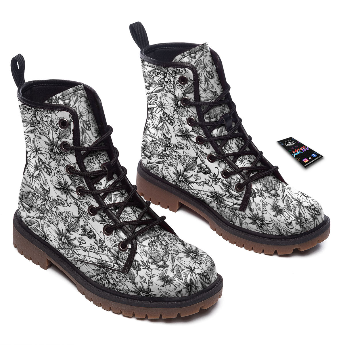 Cattleya White And Black Print Pattern Work Boots-grizzshop