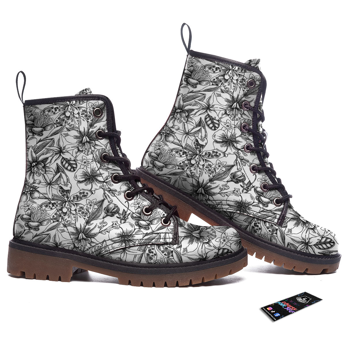 Cattleya White And Black Print Pattern Work Boots-grizzshop