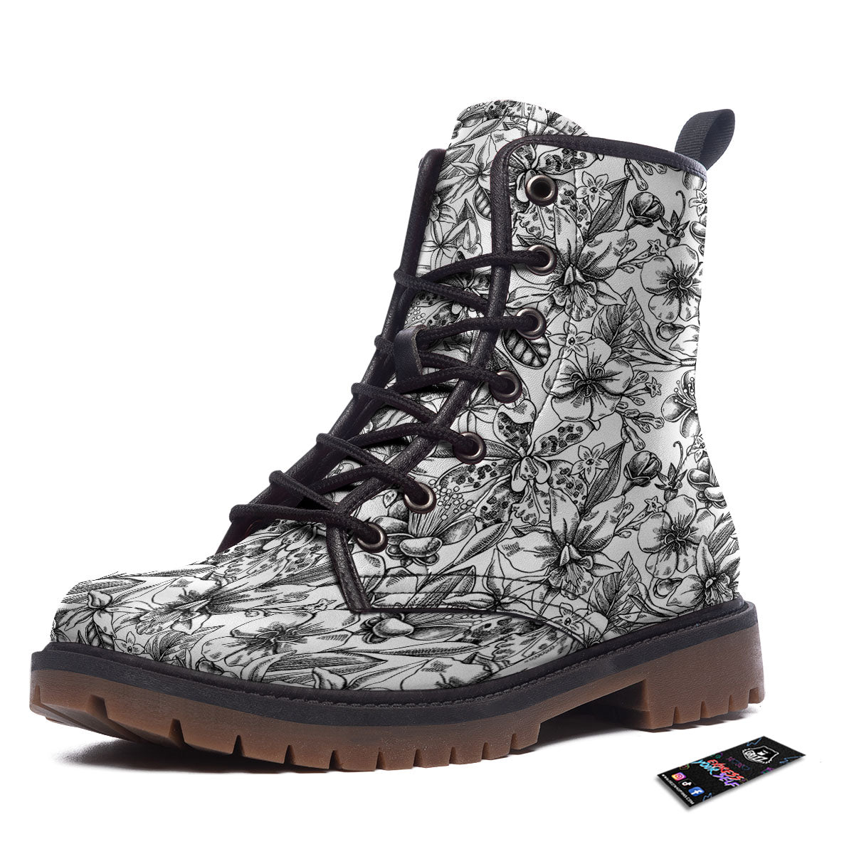 Cattleya White And Black Print Pattern Work Boots-grizzshop