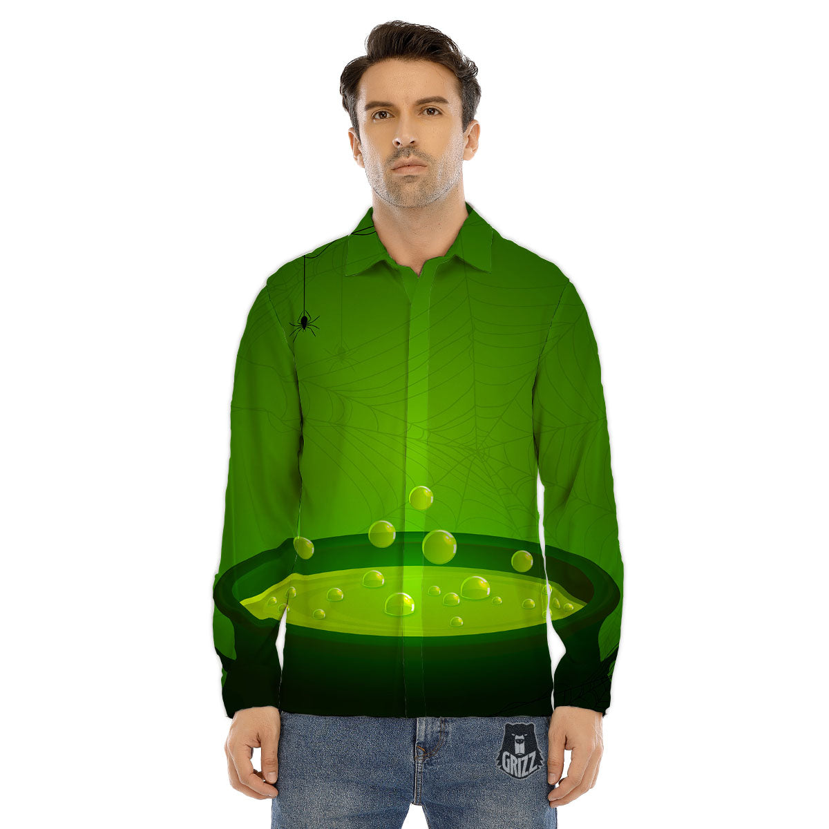 Cauldron And Witch Halloween Print Men's Dress Shirts-grizzshop