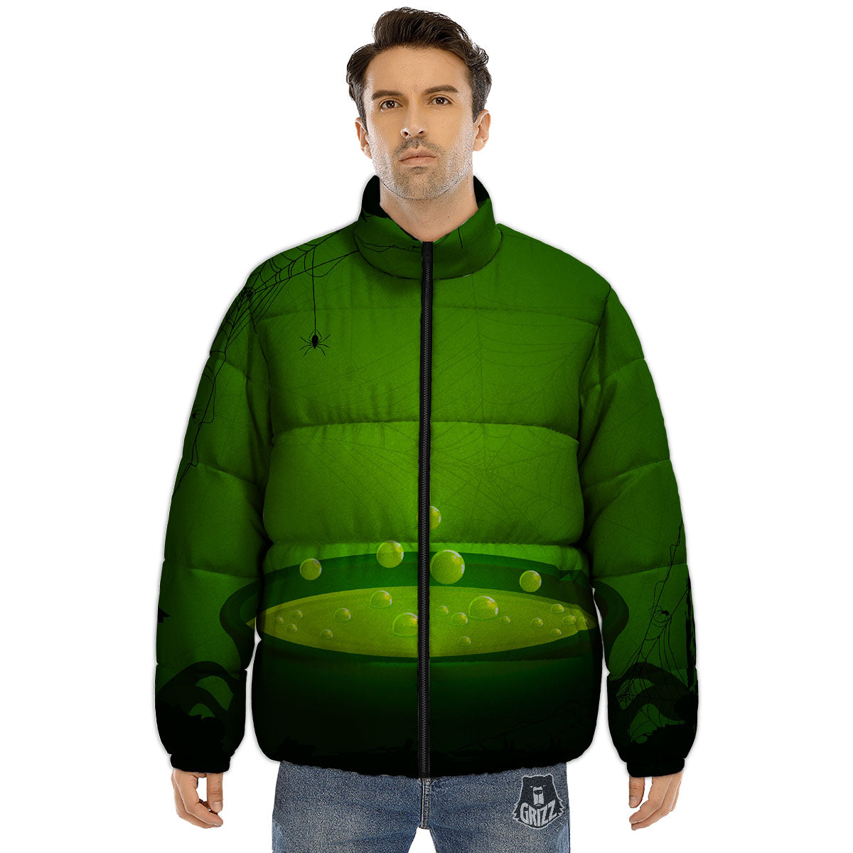 Cauldron And Witch Halloween Print Puffer Jacket-grizzshop
