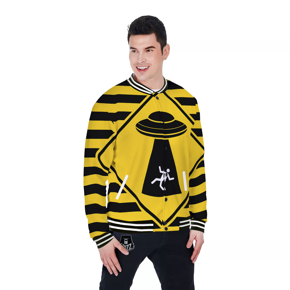 Caution Alien Abduction Warning Sign Print Baseball Jacket-grizzshop
