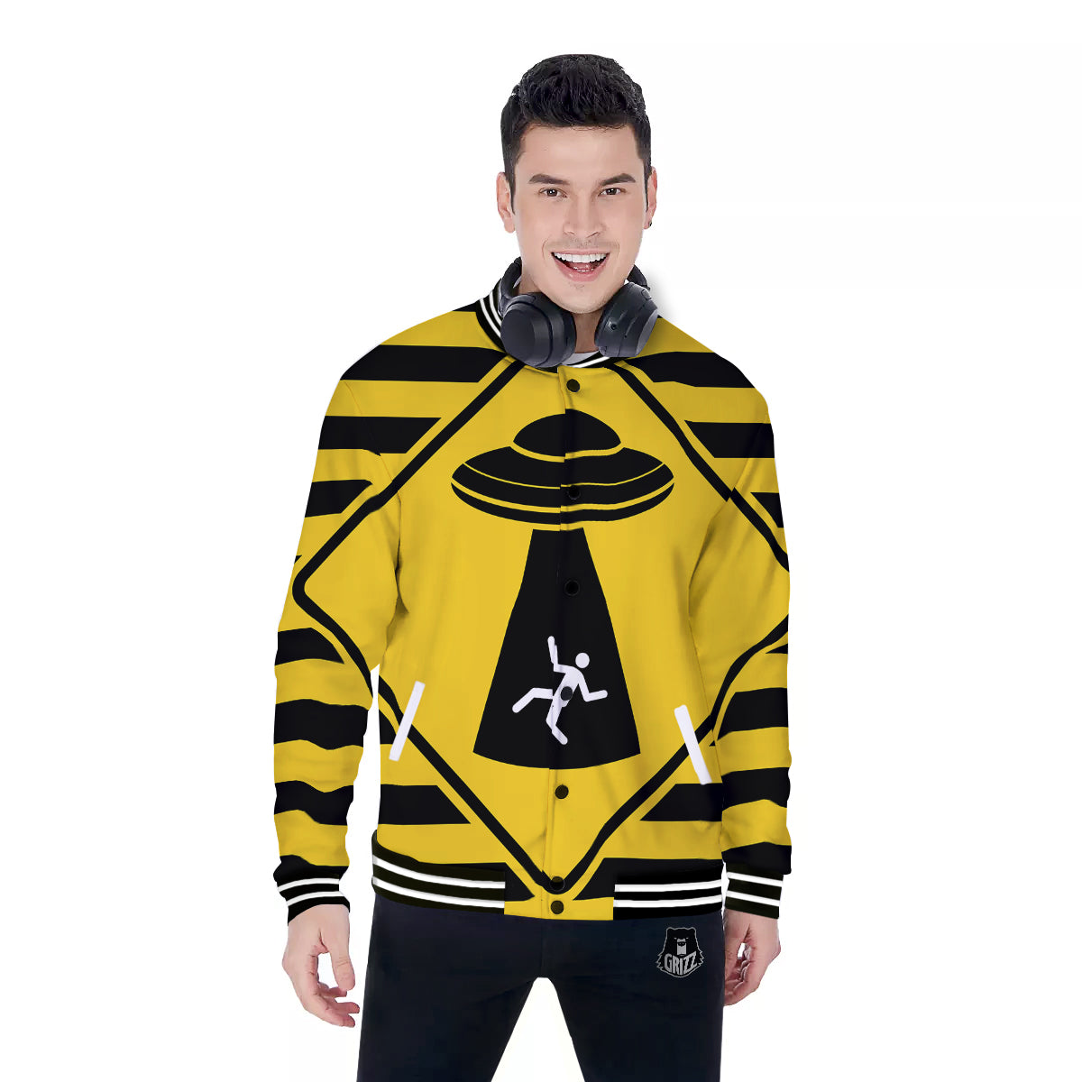Caution Alien Abduction Warning Sign Print Baseball Jacket-grizzshop