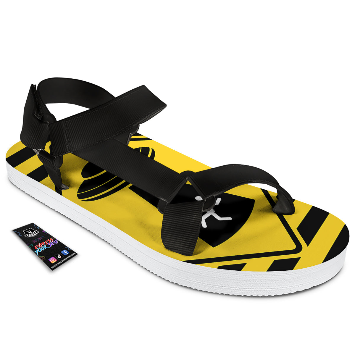 Caution Alien Abduction Warning Sign Print Black Open Toe Sandals-grizzshop