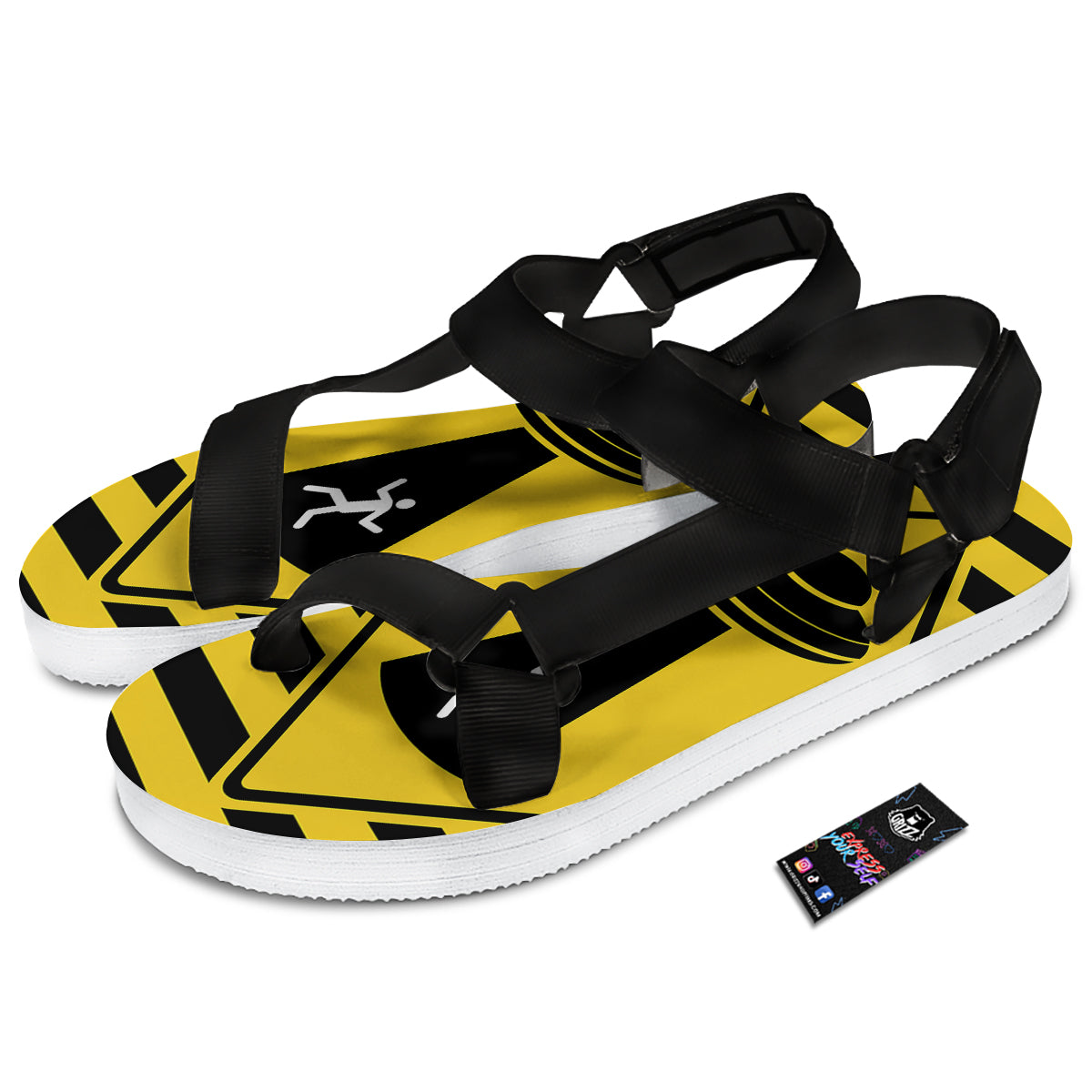 Caution Alien Abduction Warning Sign Print Black Open Toe Sandals-grizzshop