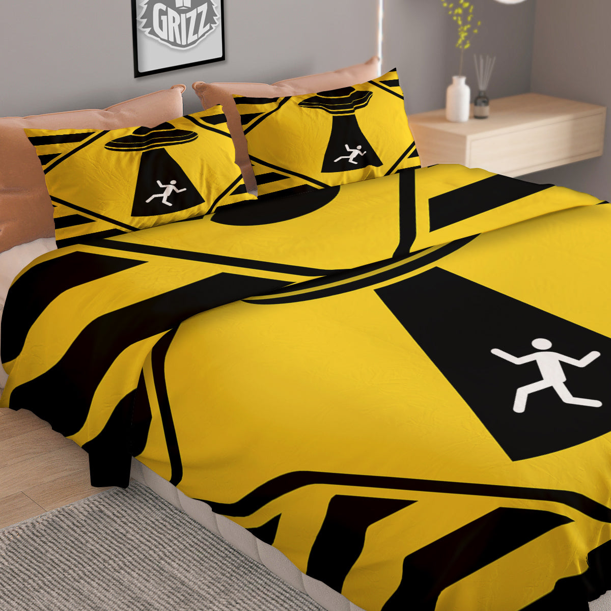 Caution Alien Abduction Warning Sign Print Duvet Cover Bedding Set