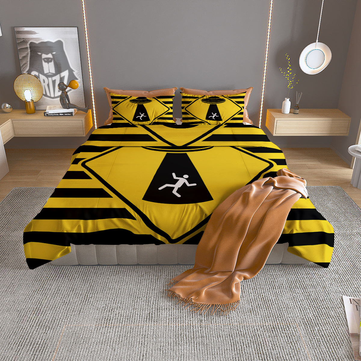 Caution Alien Abduction Warning Sign Print Duvet Cover Bedding Set