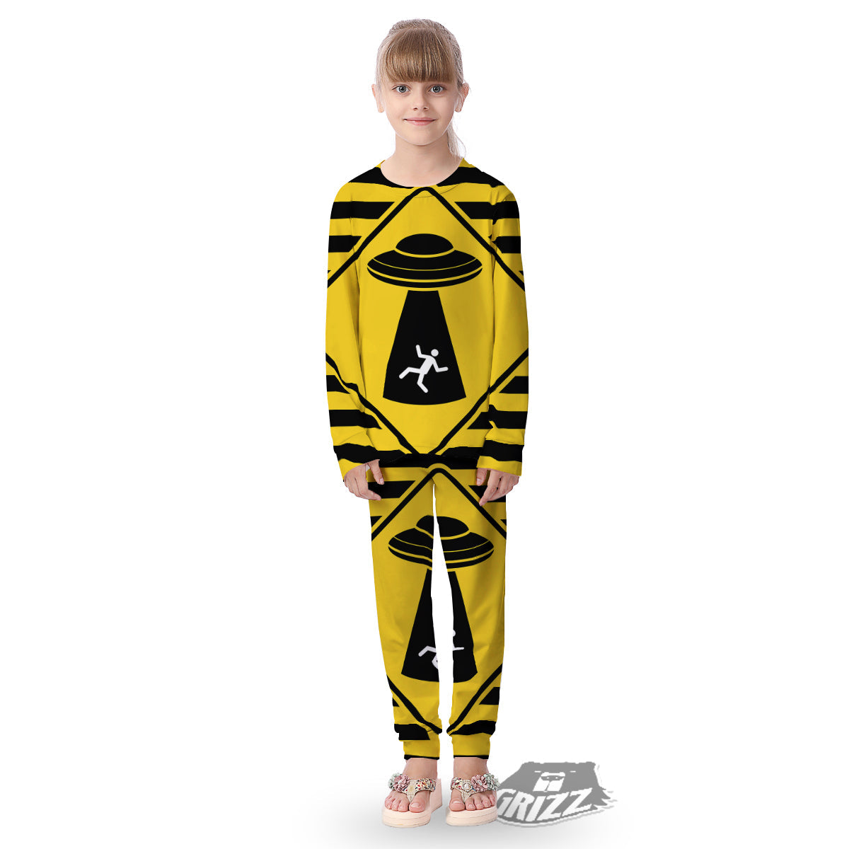 Caution Alien Abduction Warning Sign Print Kid's Pajamas-grizzshop