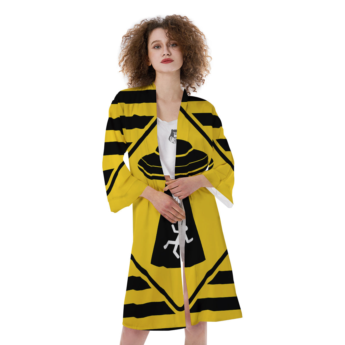 Caution Alien Abduction Warning Sign Print Kimono-grizzshop