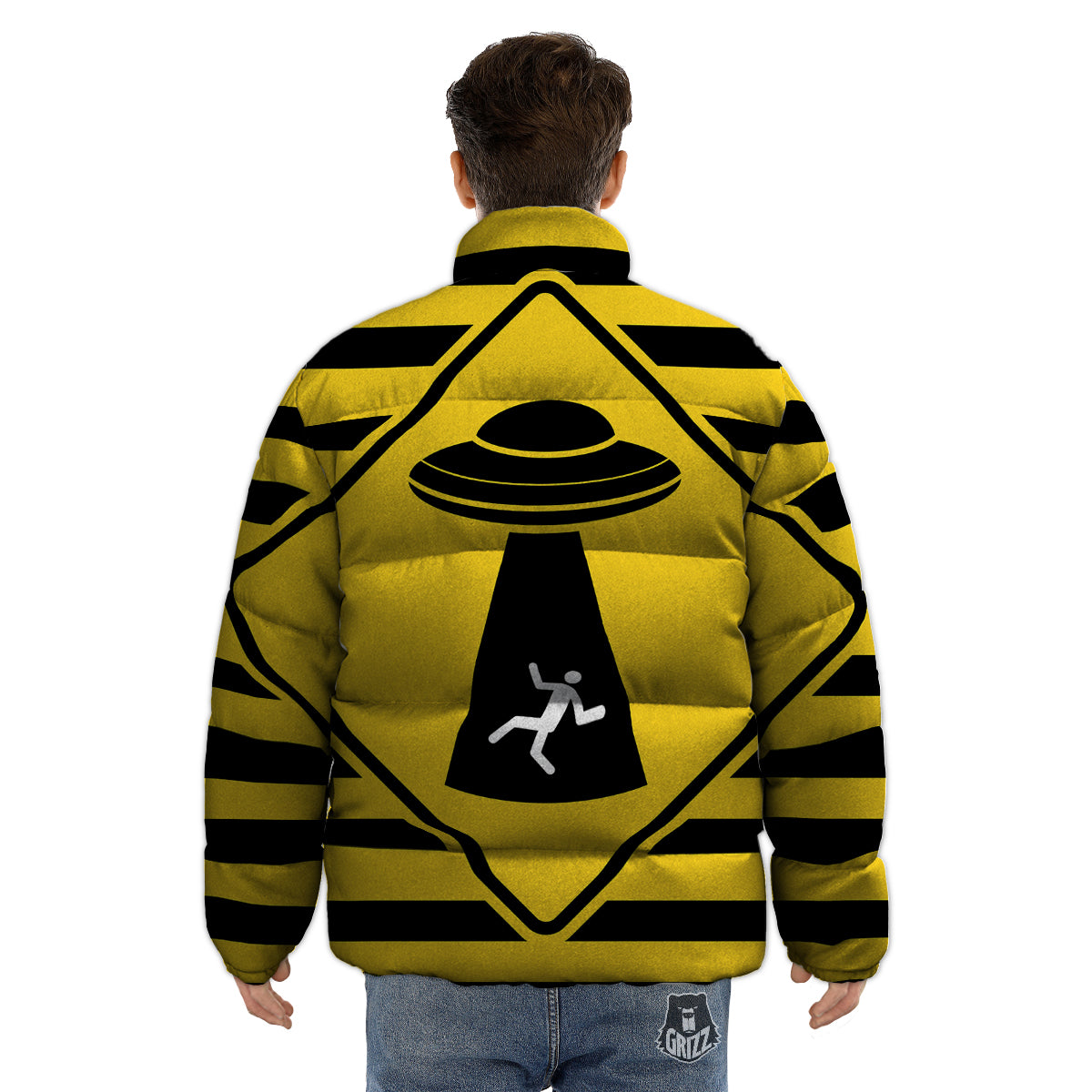 Caution Alien Abduction Warning Sign Print Puffer Jacket-grizzshop