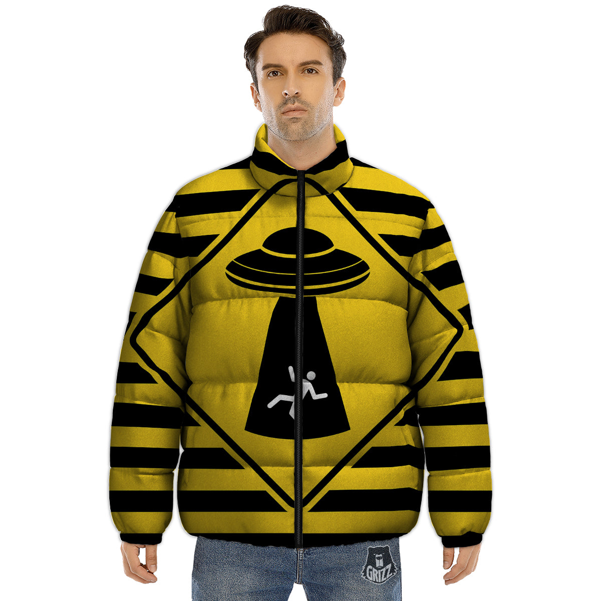Caution Alien Abduction Warning Sign Print Puffer Jacket-grizzshop