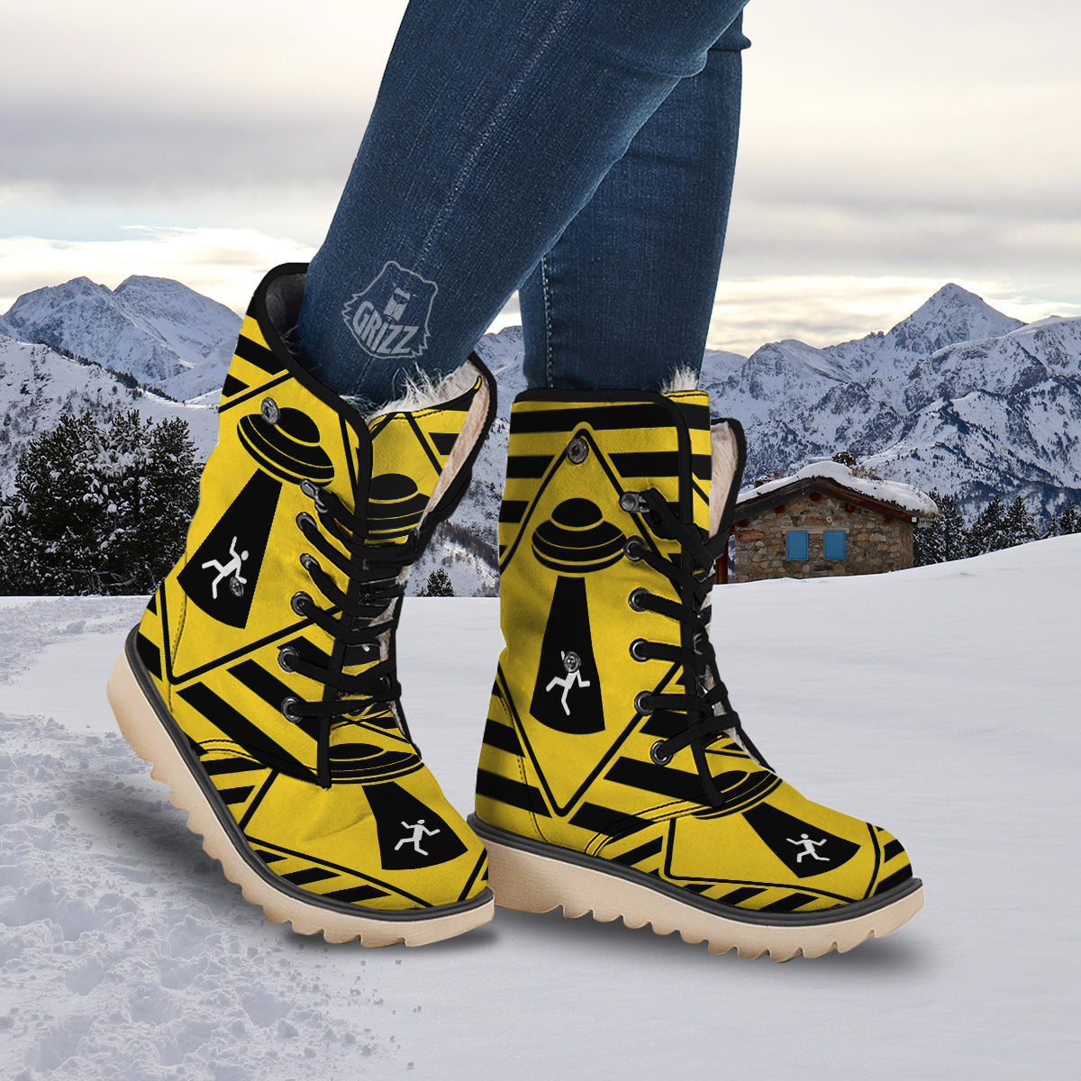 Caution Alien Abduction Warning Sign Print Snow Boots-grizzshop
