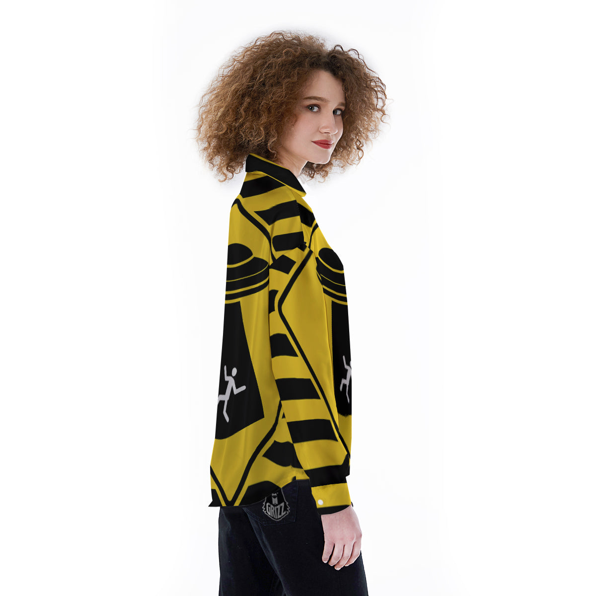 Caution Alien Abduction Warning Sign Print Women's Long Sleeve Shirts-grizzshop