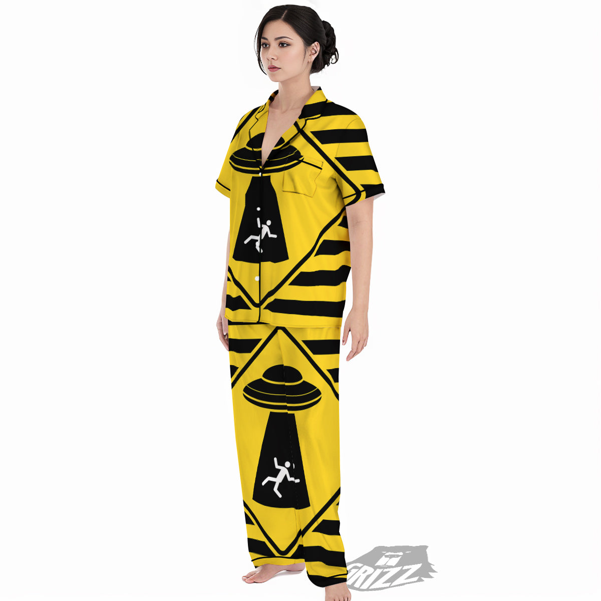 Caution Alien Abduction Warning Sign Print Women's Pajamas Set-grizzshop