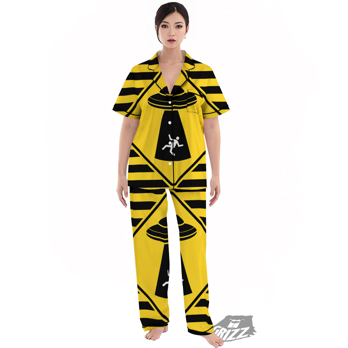 Caution Alien Abduction Warning Sign Print Women's Pajamas Set-grizzshop