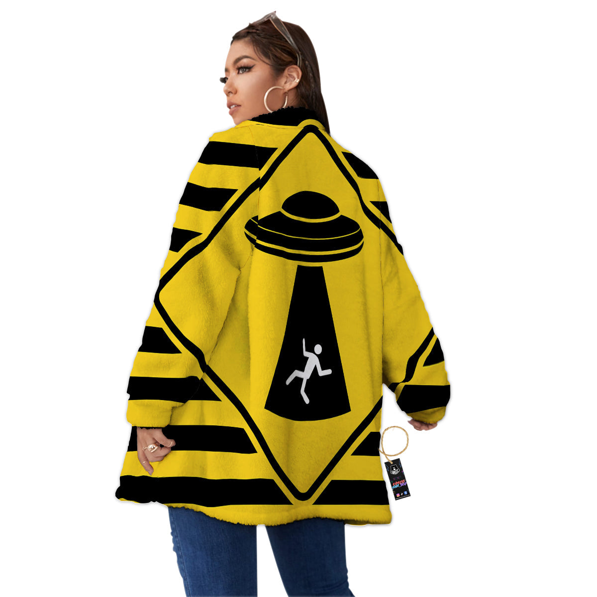 Caution Alien Abduction Warning Sign Print Women's Sherpa Jacket-grizzshop