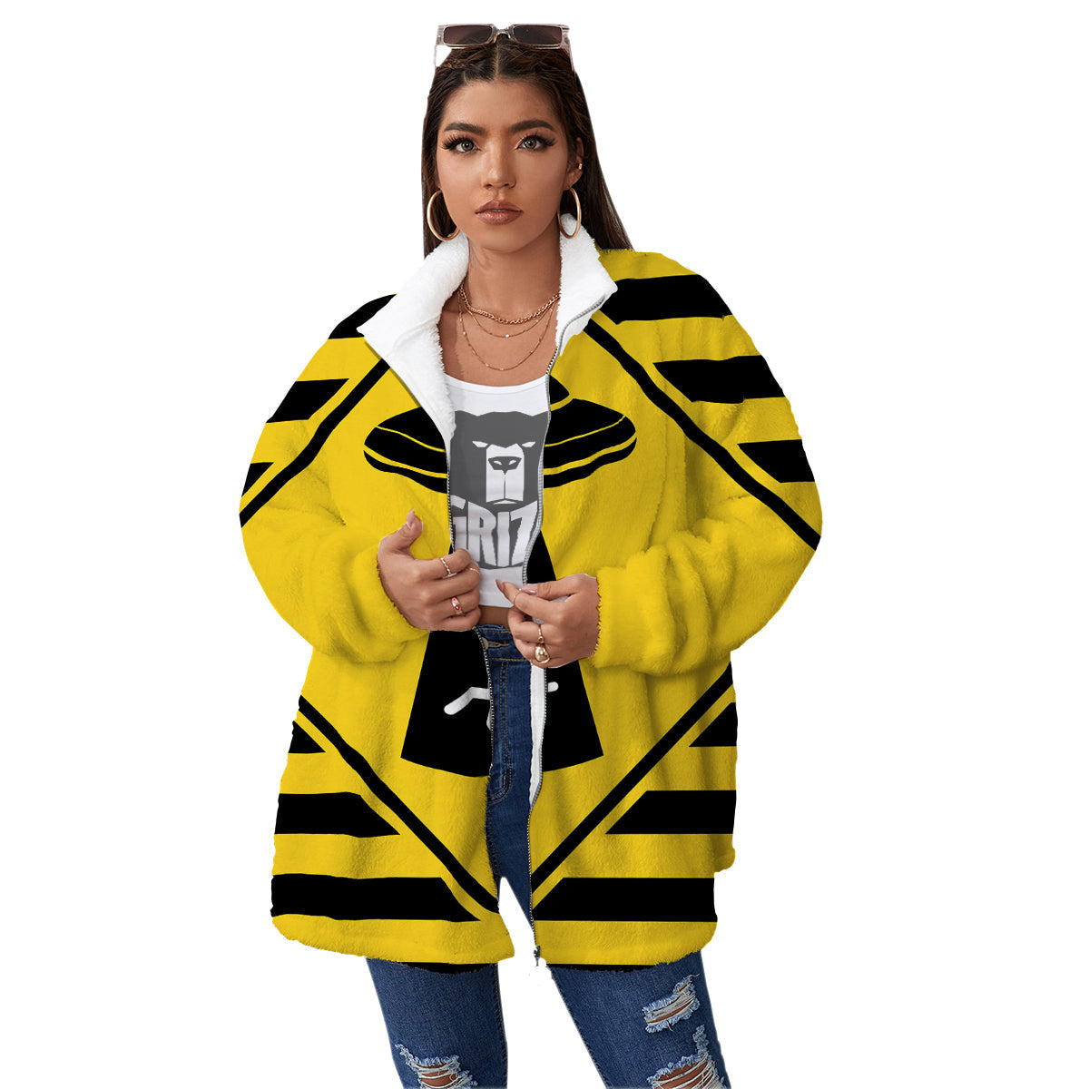 Caution Alien Abduction Warning Sign Print Women's Sherpa Jacket-grizzshop