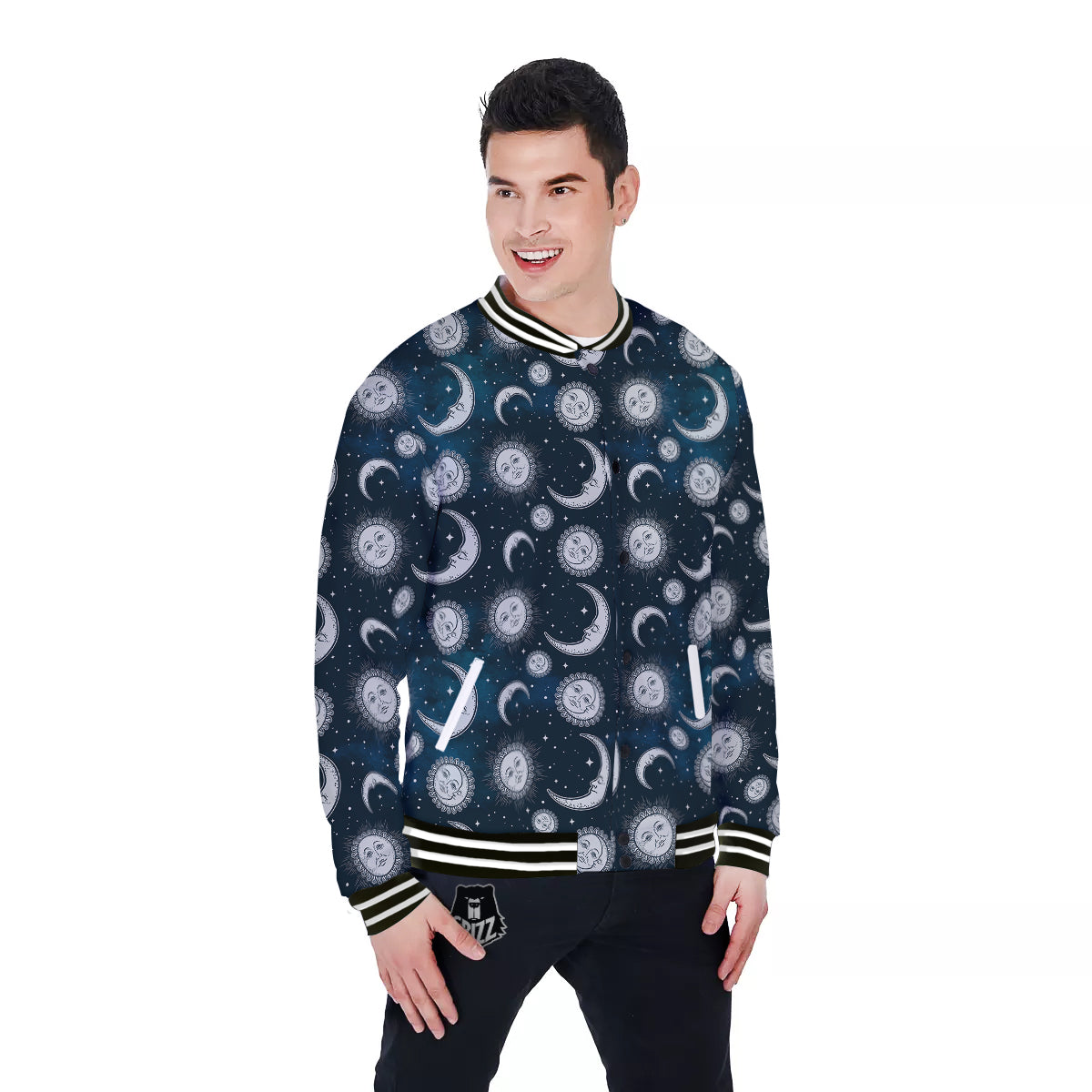 Celestial Blue And White Print Pattern Baseball Jacket-grizzshop