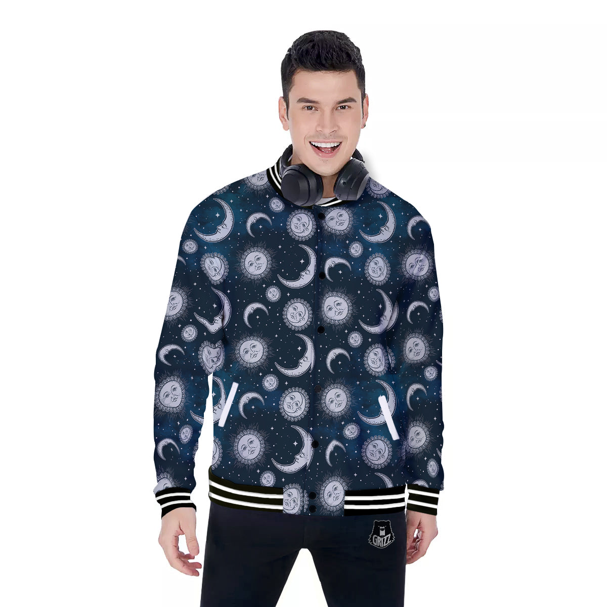 Celestial Blue And White Print Pattern Baseball Jacket-grizzshop