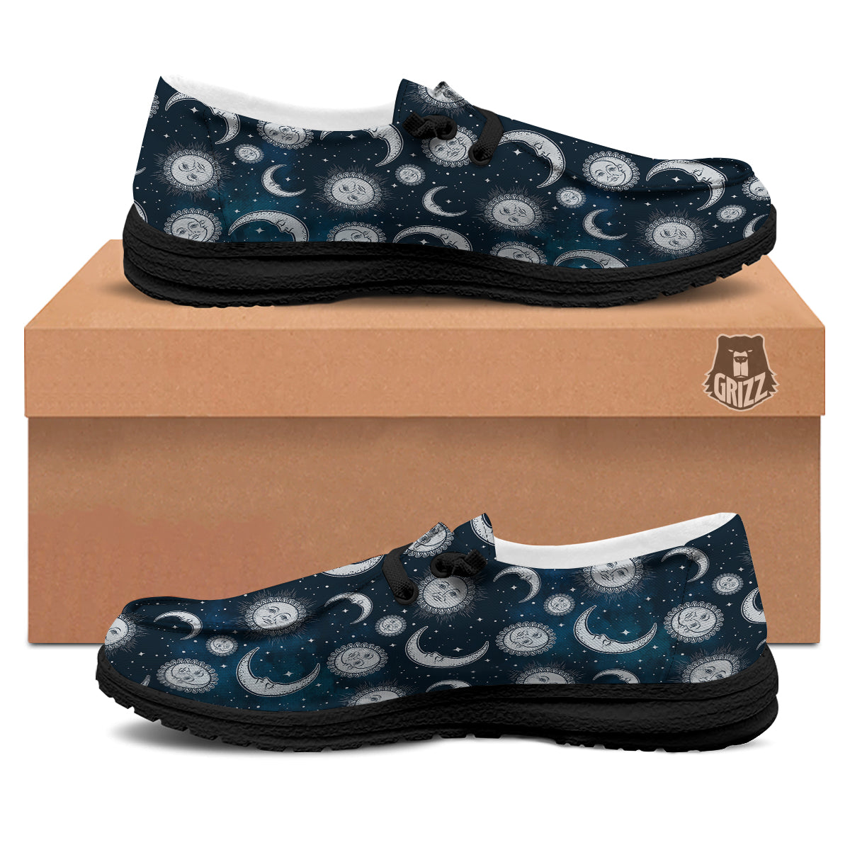 Celestial Blue And White Print Pattern Black Loafers-grizzshop
