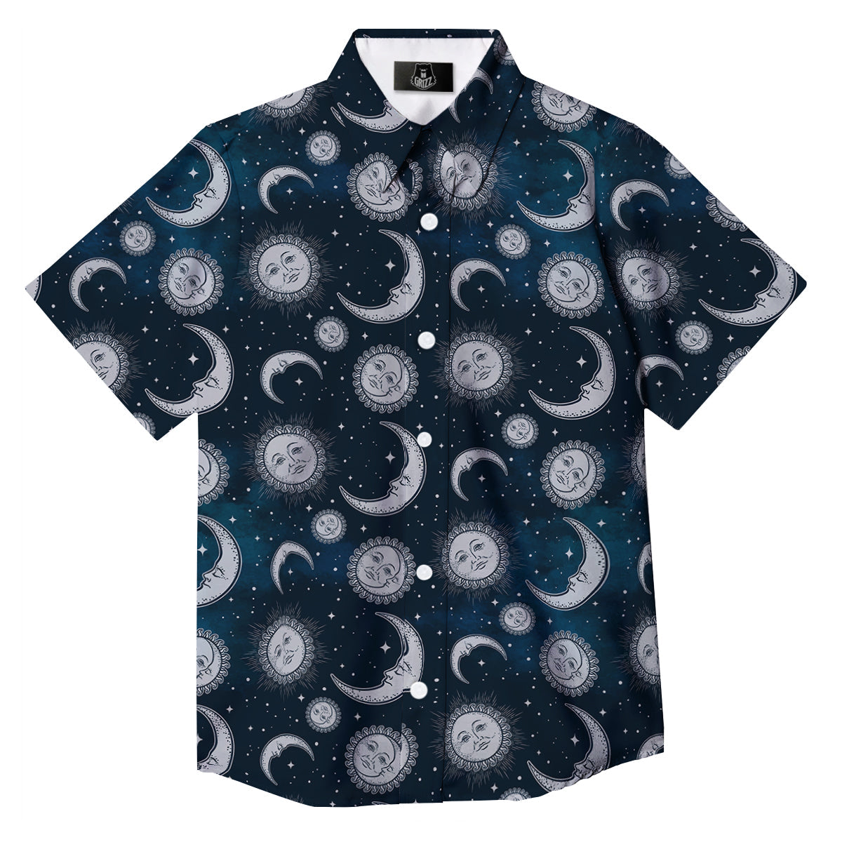 Celestial Blue And White Print Pattern Button Up Shirt-grizzshop