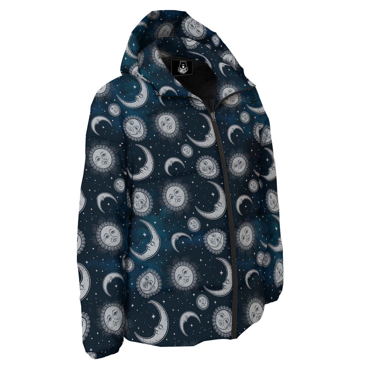 Celestial Blue And White Print Pattern Down Jacket-grizzshop