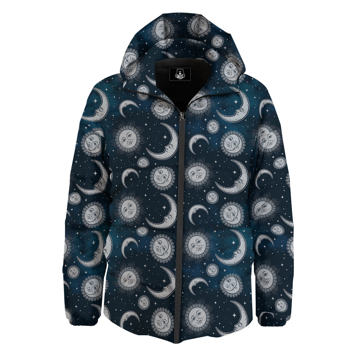 Celestial Blue And White Print Pattern Down Jacket-grizzshop