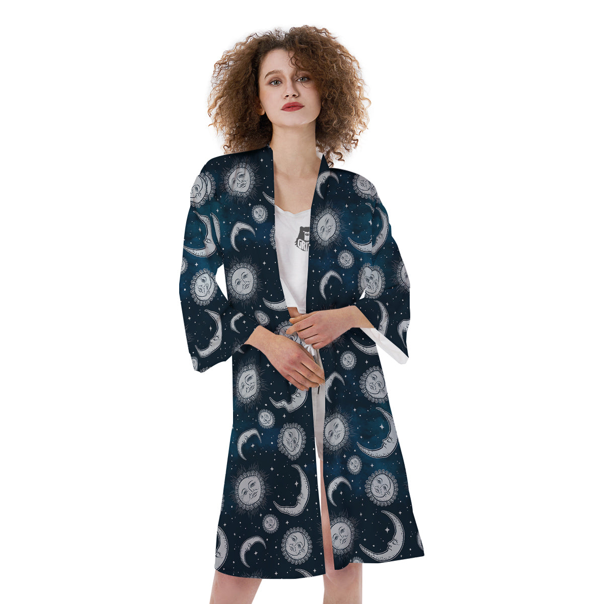 Celestial Blue And White Print Pattern Kimono-grizzshop