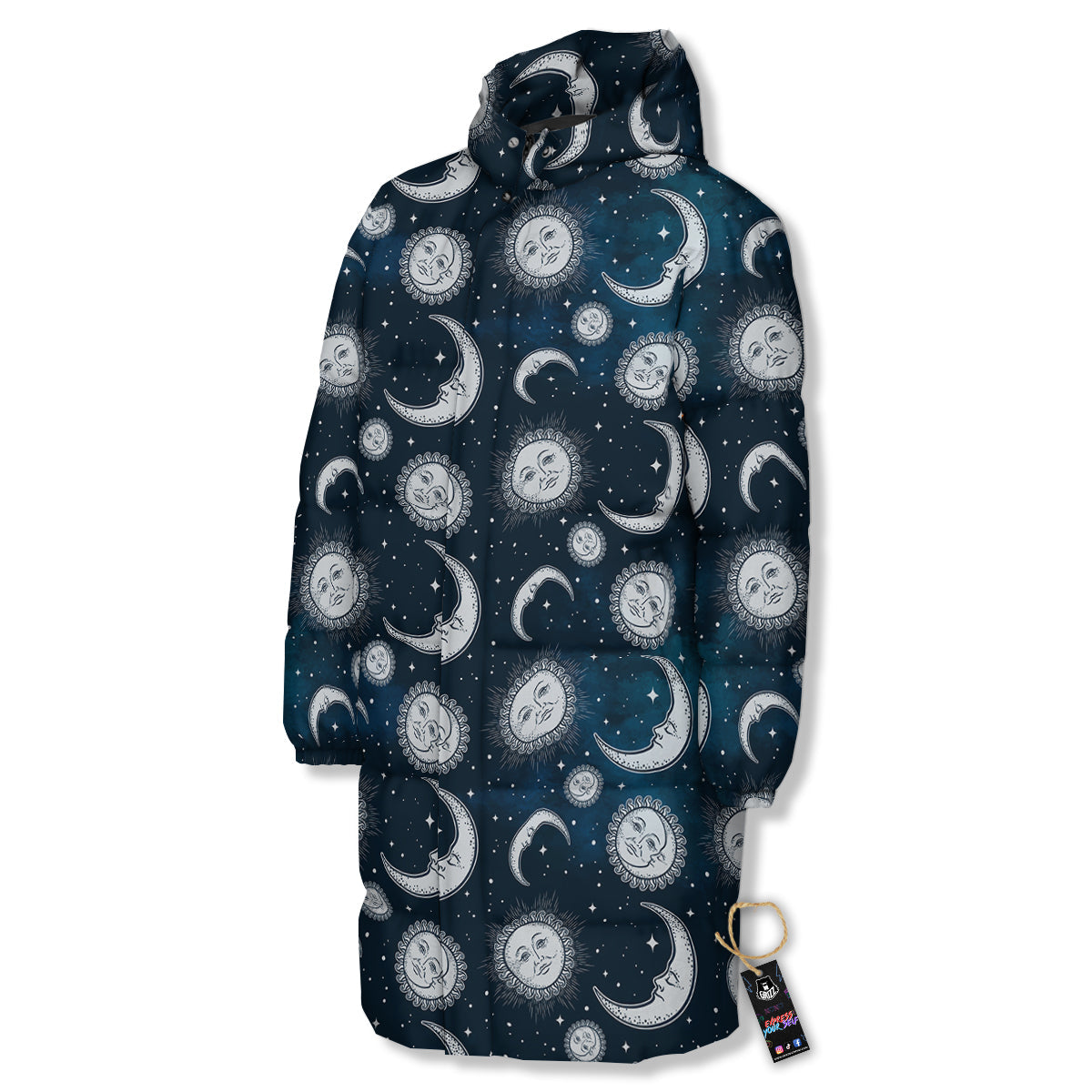 Celestial Blue And White Print Pattern Long Down Jacket-grizzshop