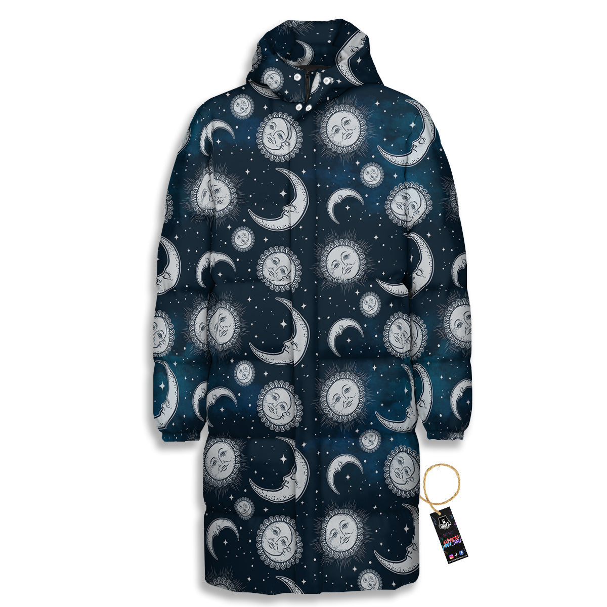 Celestial Blue And White Print Pattern Long Down Jacket-grizzshop