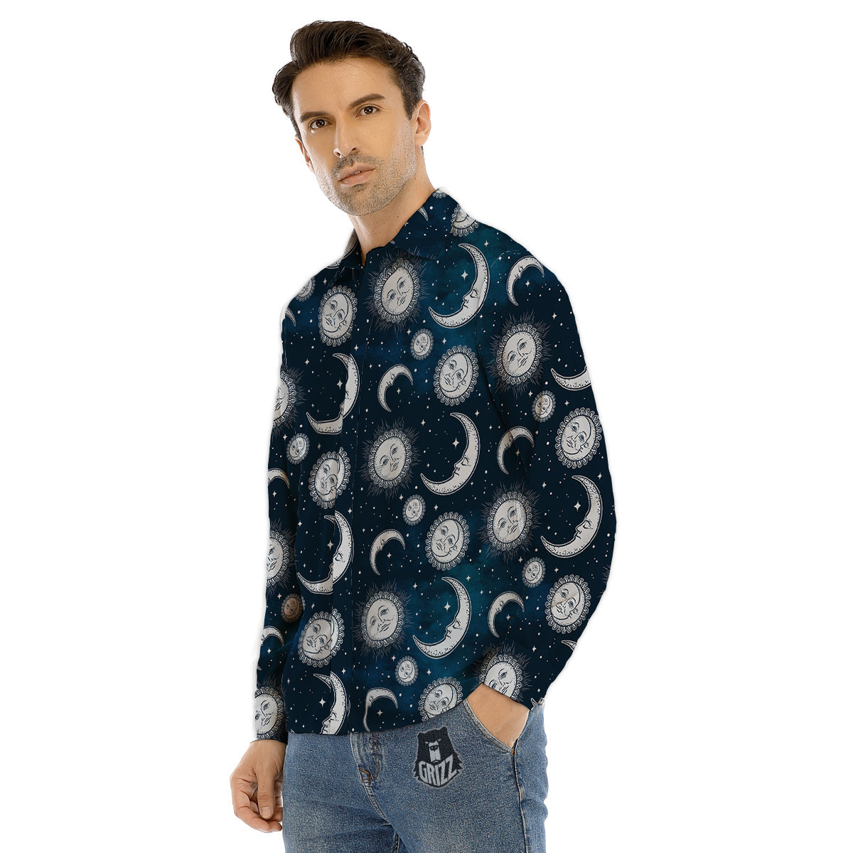 Celestial Blue And White Print Pattern Men's Dress Shirts-grizzshop