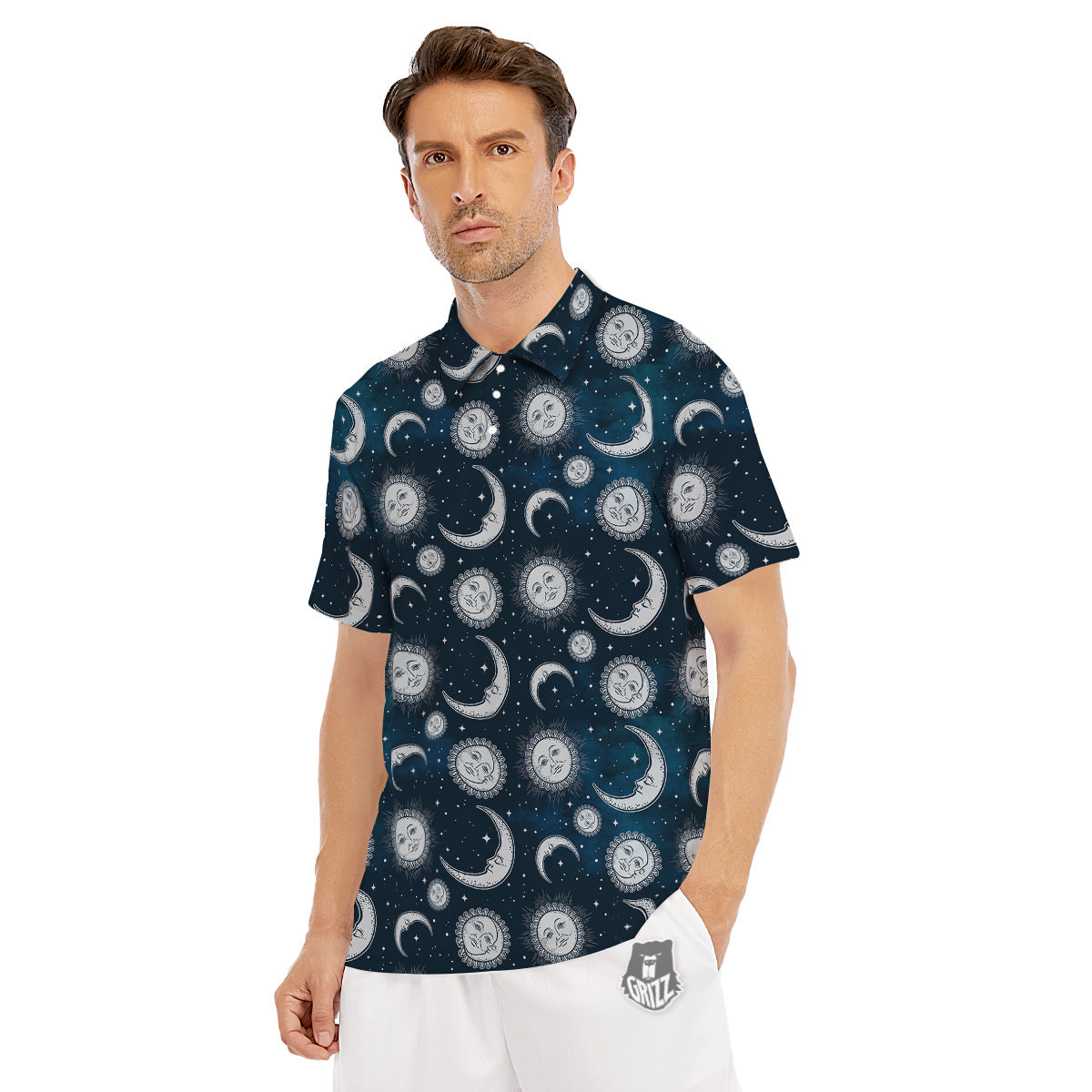 Celestial Blue And White Print Pattern Men's Golf Shirts-grizzshop