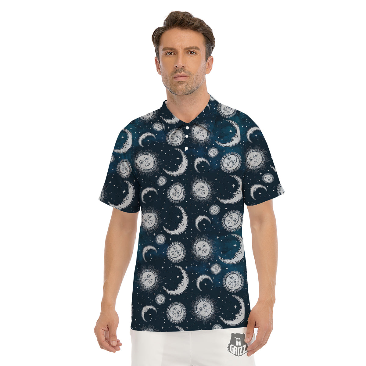 Celestial Blue And White Print Pattern Men's Golf Shirts-grizzshop