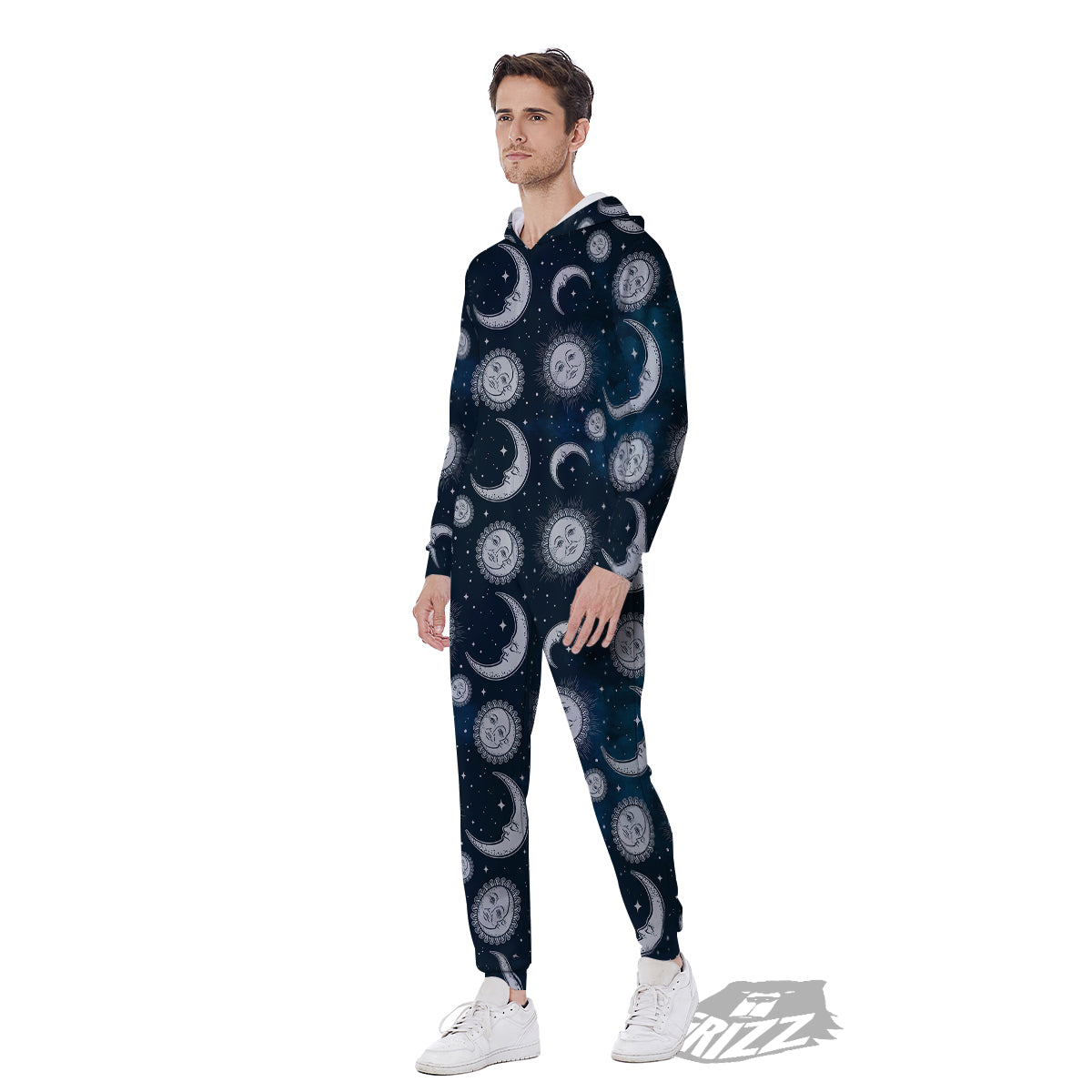 Celestial Blue And White Print Pattern Men's Jumpsuit-grizzshop