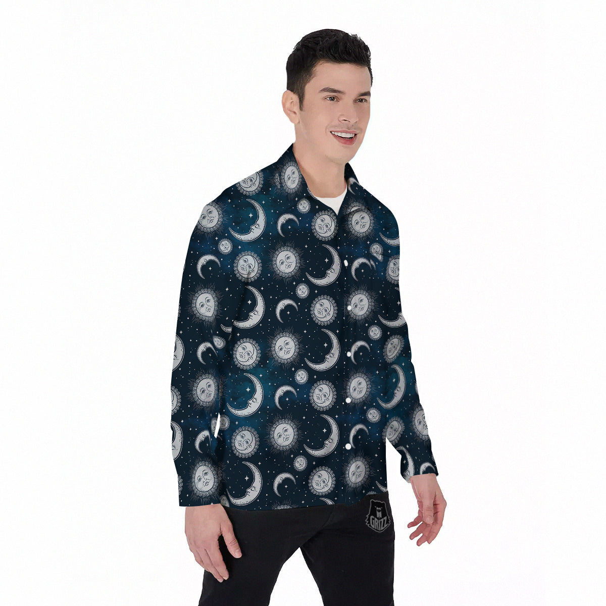 Celestial Blue And White Print Pattern Men's Long Sleeve Shirts-grizzshop
