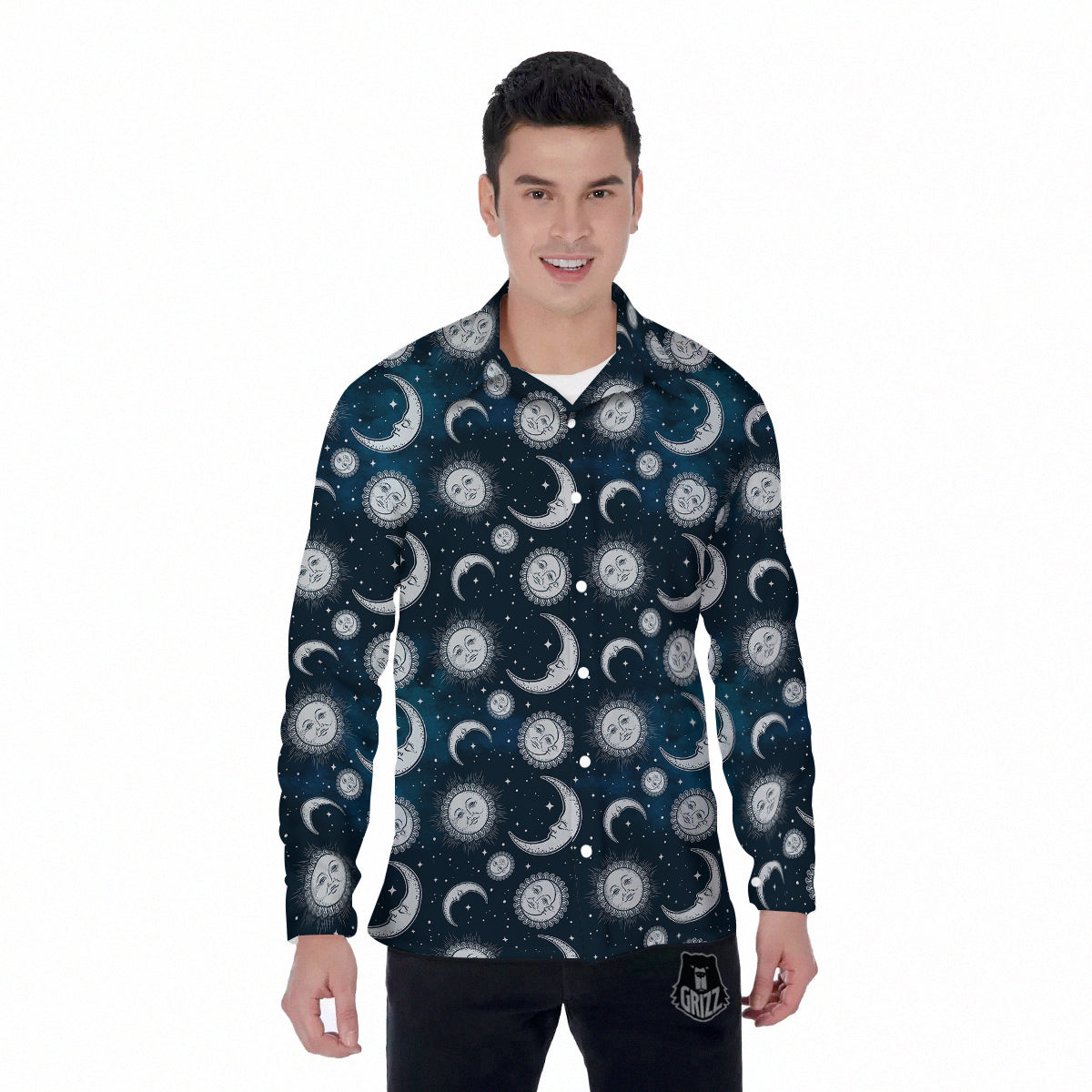 Celestial Blue And White Print Pattern Men's Long Sleeve Shirts-grizzshop