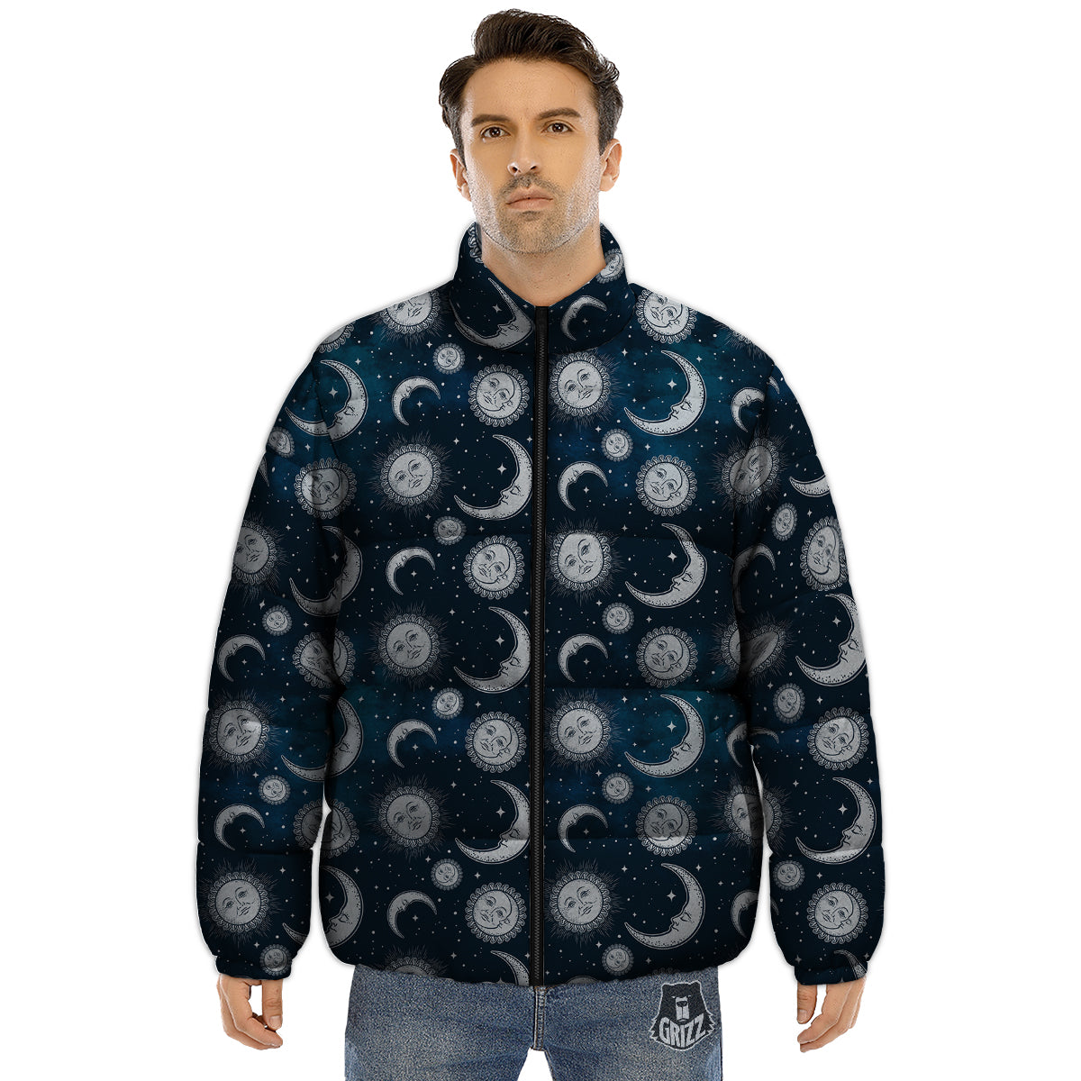 Celestial Blue And White Print Pattern Puffer Jacket-grizzshop